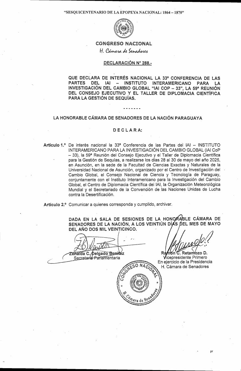 Declaración N° 288 de la Honorable Cámara de Senadores de la Nación Paraguaya
